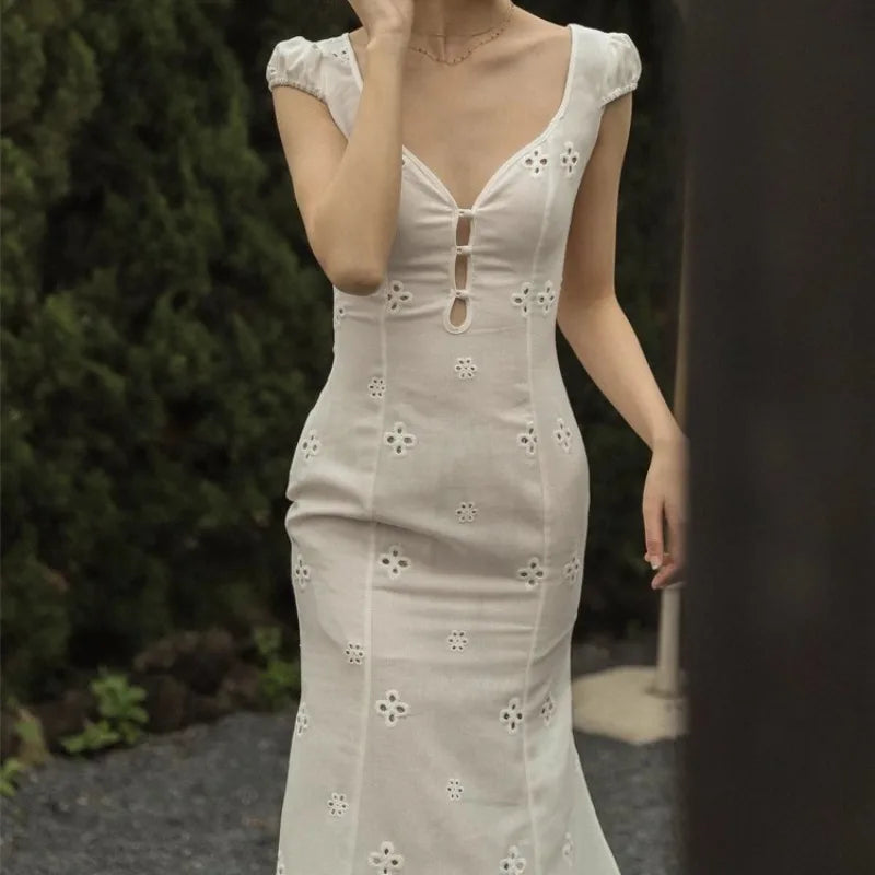 Elegant White V Neck Bodycon Dress With Hollow Out Detailing