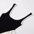Patchwork Knit Vest Top With Ruffle Trim Summer Round Neck Sleeveless Block Color