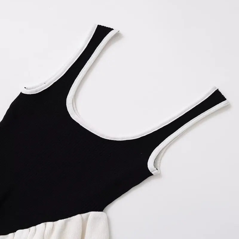 Patchwork Knit Vest Top With Ruffle Trim Summer Round Neck Sleeveless Block Color