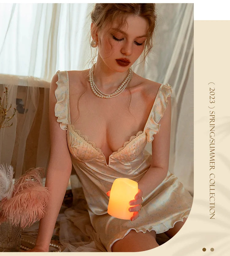 Ice Silk Halter Nightgown With Lace