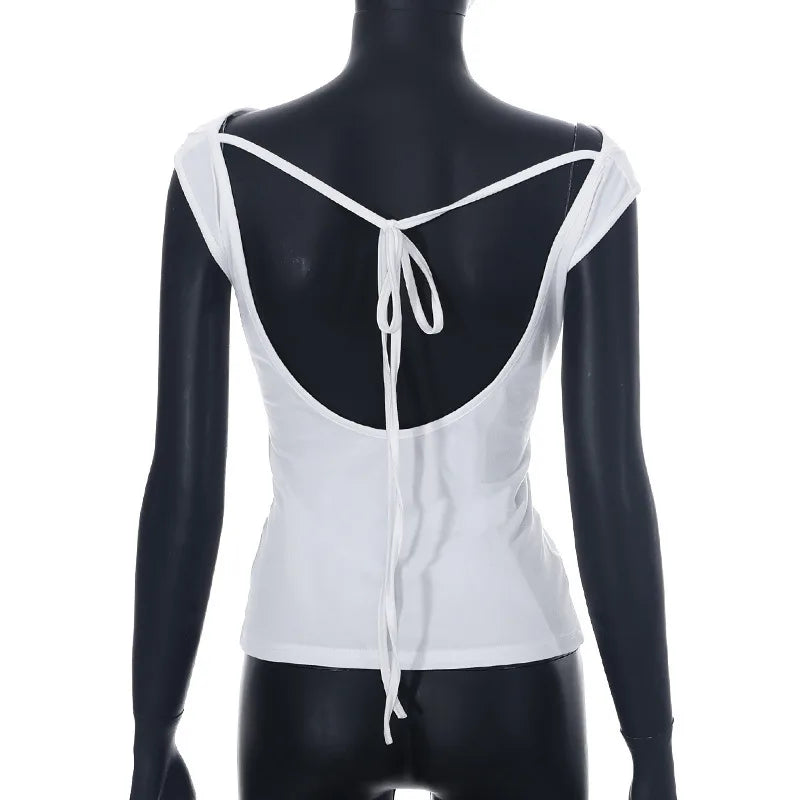 Women Sleeveless Swing Collar Backless Tie Back Ruched Top