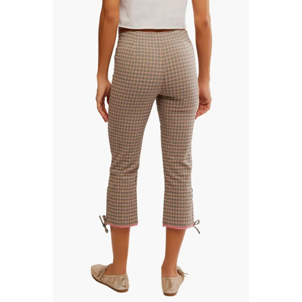 Capri Pants Elastic Low Waist 3/4 Length Pants Y2K Aesthetic Plaid Slim Cropped Trousers with Bow Decor