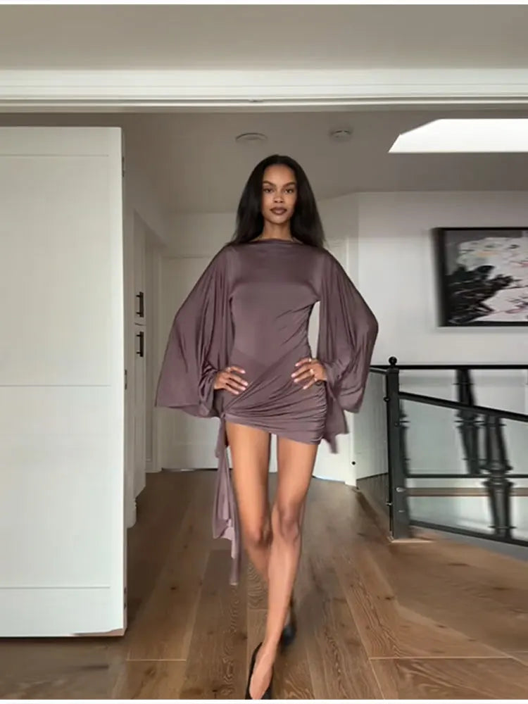 Draped Elegant Romper Batwing Sleeve Ruched Waist Tie
