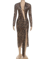Leopard Print Ruched Deep V Neck Dress With Ribbon Tie And High Split