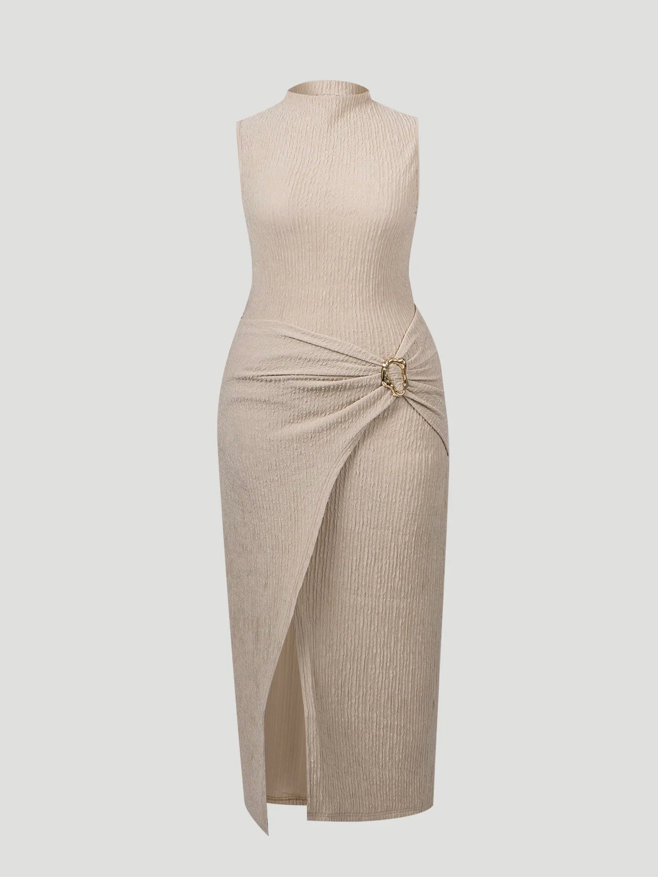 Plus Size High Neck Sleeveless Split Twist Textured Floor Length Knit Dress