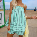 Summer Striped Peplum Cami Top And Flowing Boxer Shorts Two Piece Lounge Set For Vacation