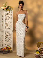 Elegant Off Shoulder Backless Lace Maxi Dress With Hollow Out Detailing