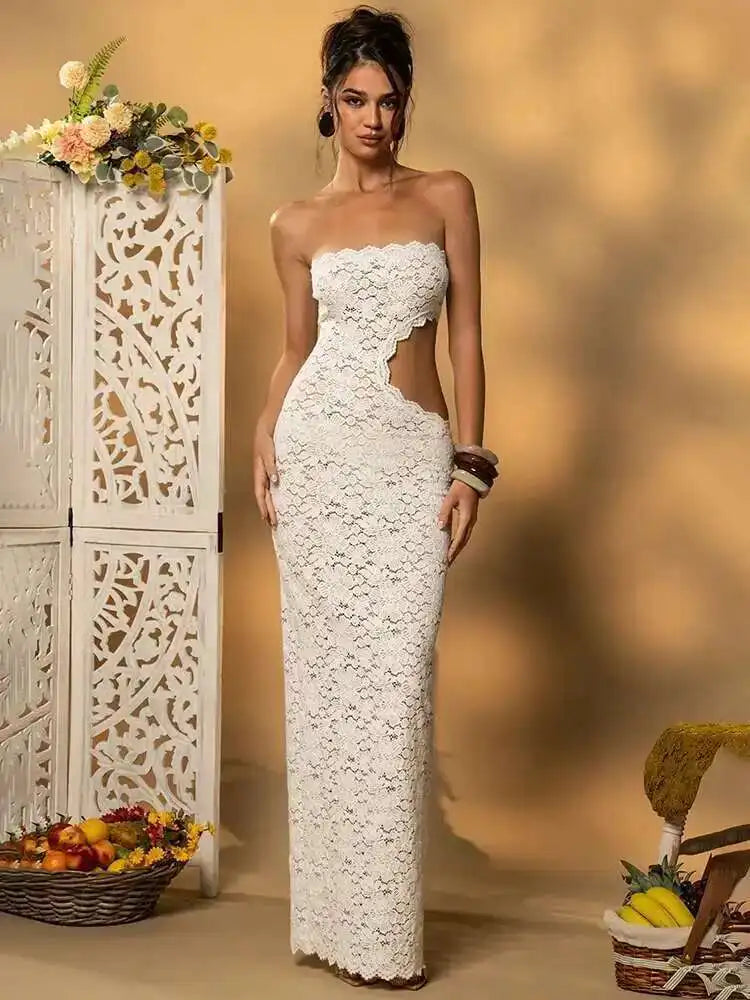 Elegant Off Shoulder Backless Lace Maxi Dress With Hollow Out Detailing