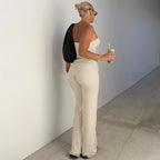 Strapless Crop Top And High Waist Ruched Flare Pants Set
