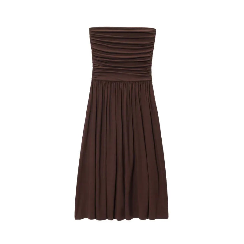 Elegant Strapless Off Shoulder Pleated Maxi Dress With Slim Silhouette