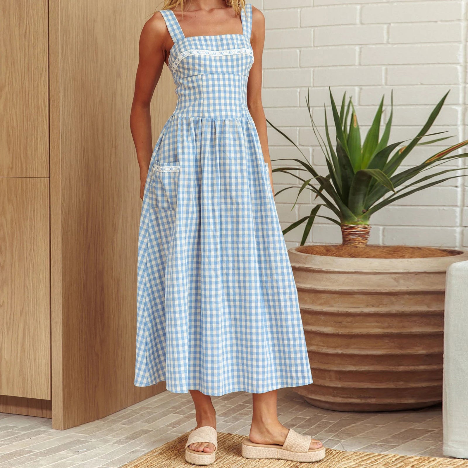 Gingham Maxi Dress With Wide Straps For Cottagecore Summer