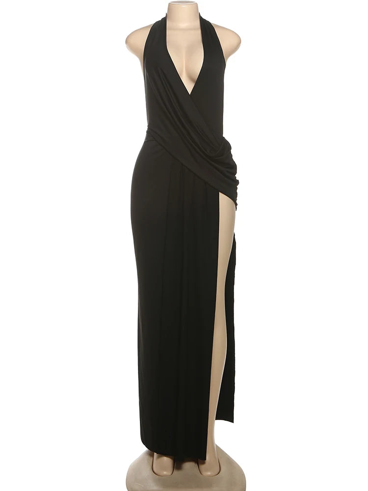 Elegant Halter Backless Maxi Dress With Deep V Neck And High Slit