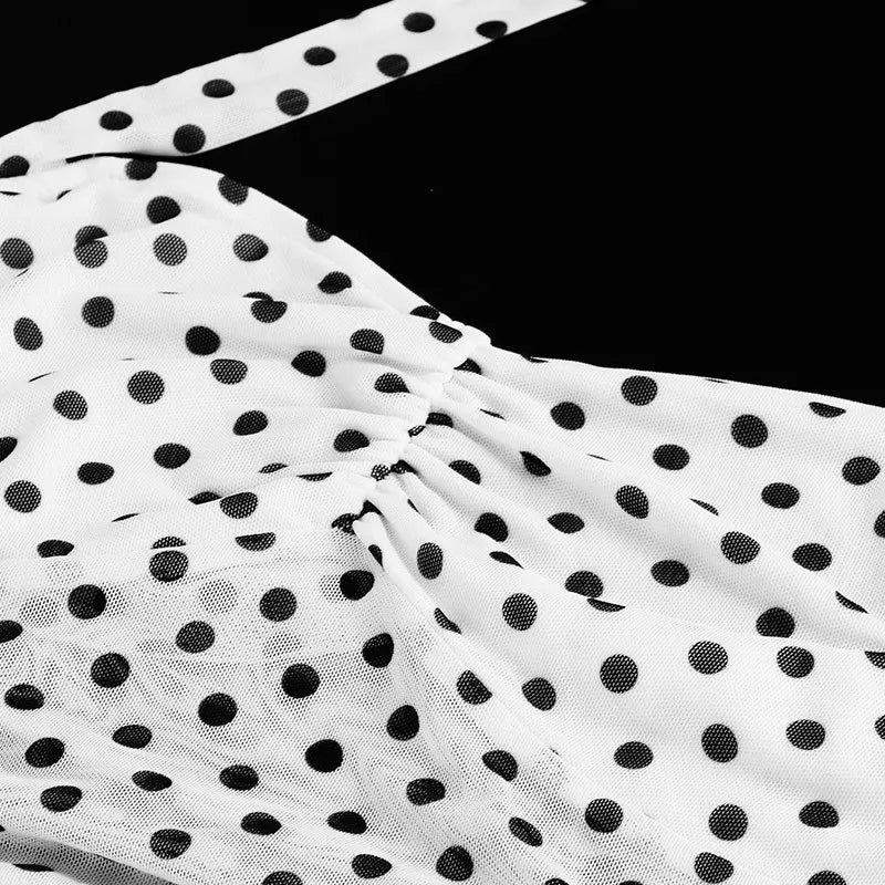 White Polka Dot Chiffon Backless Strapless Dress With Empire Waist