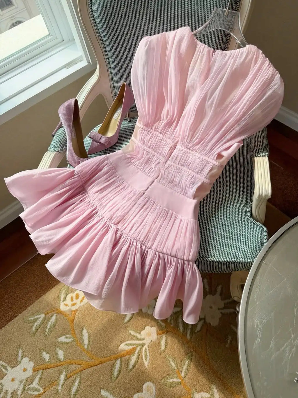 Pink Fairy Cute Short Cocktail With Ruffles Design Princess V Neck Bows Dress