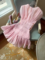 Pink Fairy Cute Short Cocktail With Ruffles Design Princess V Neck Bows Dress