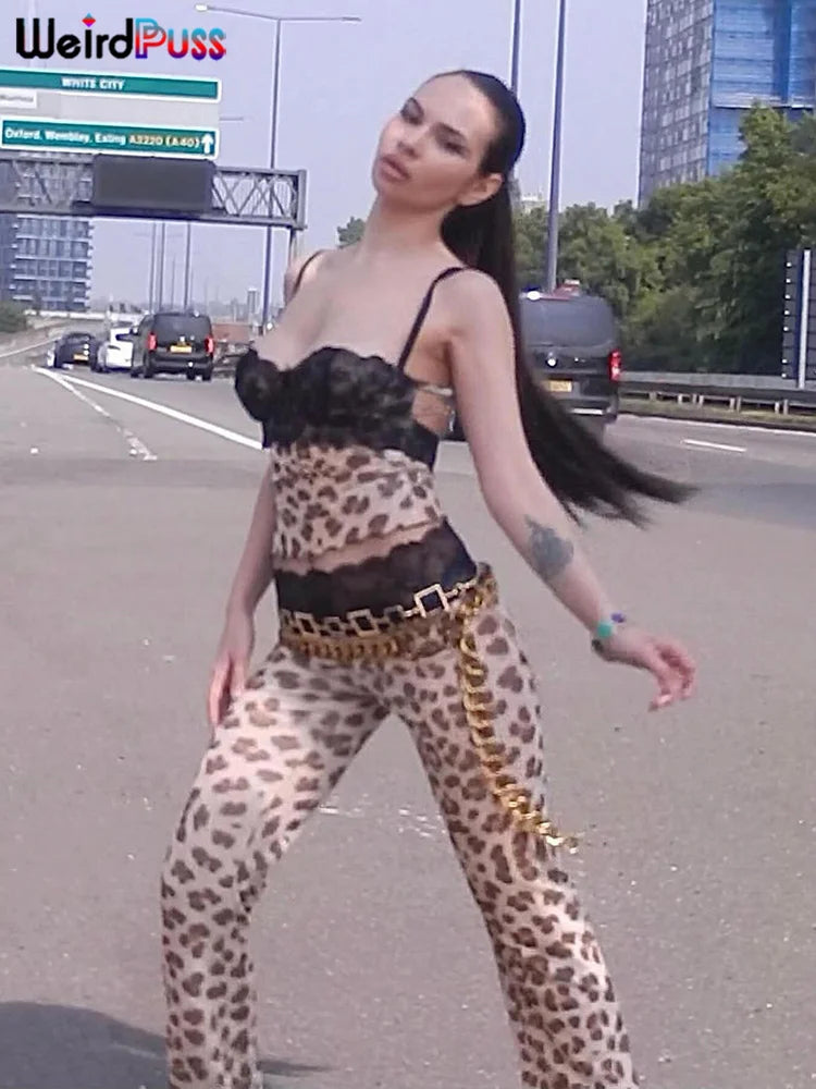 Patchwork Mesh Set With Leopard Print Skinny Pants Sexy Sleeveless Crop Top Street Style