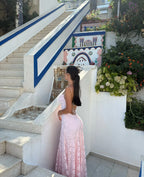 Romantic Floral Jacquard Maxi Dress With Spaghetti Straps Ruched