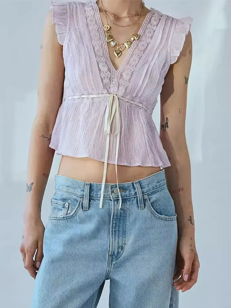 Sweet Lace V Neck Blouse With Ruffles And Flutter Sleeves