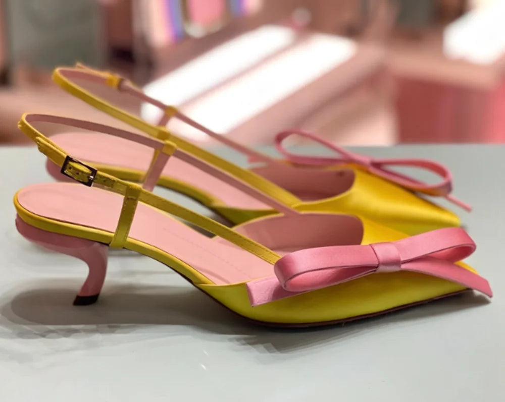 Elegant Satin Pointed Toe Slingback Kitten Heels With Bow Accent And Adjustable Ankle Strap Sandals