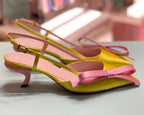 Elegant Satin Pointed Toe Slingback Kitten Heels With Bow Accent And Adjustable Ankle Strap Sandals