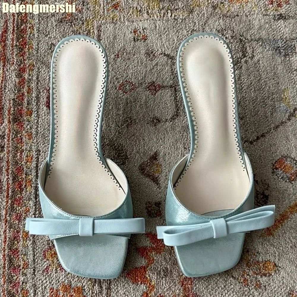 Ribbon Knot One Strap Sandals For Women Open Toe Square Front Casual Slides With Lace Sole