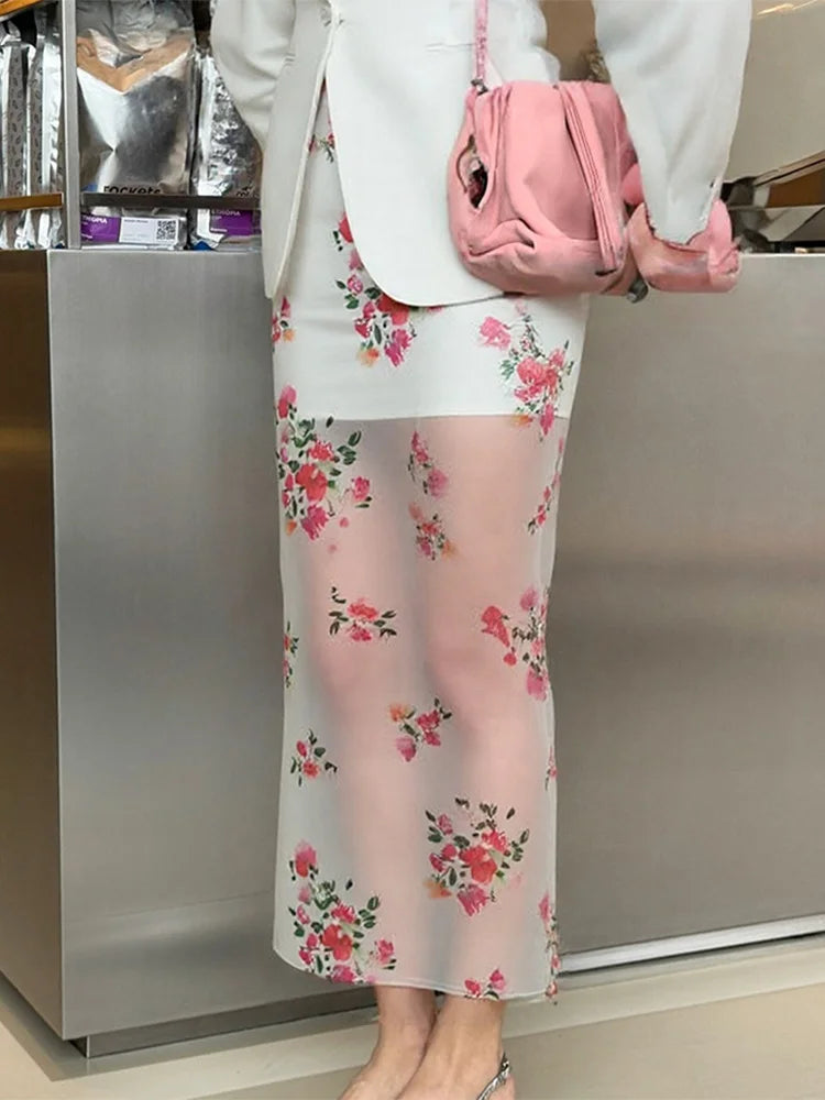 Airy Mesh Print Maxi Skirt With High Waist See Through Slit