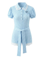 Dreamy Blue Polka Dot Puff Sleeve With Cutout Lace Trim