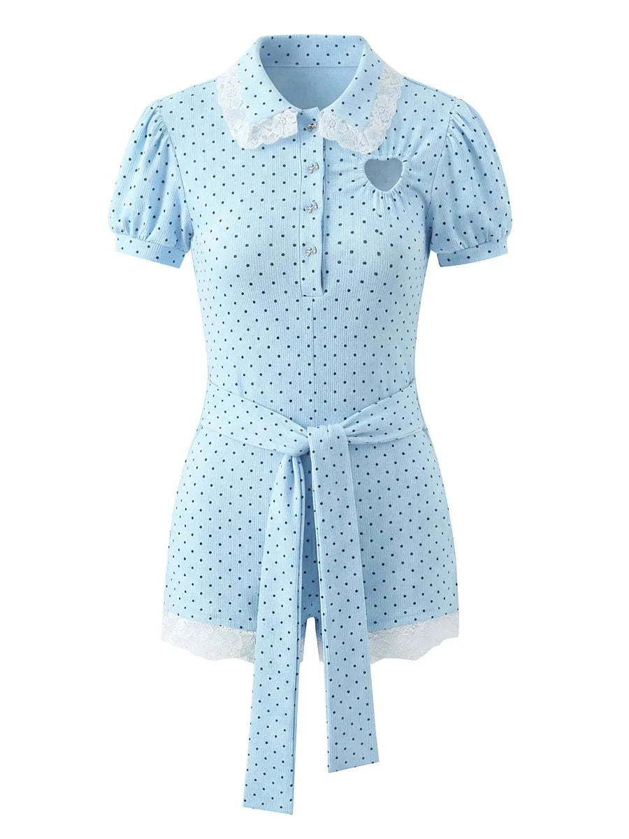 Dreamy Blue Polka Dot Puff Sleeve With Cutout Lace Trim