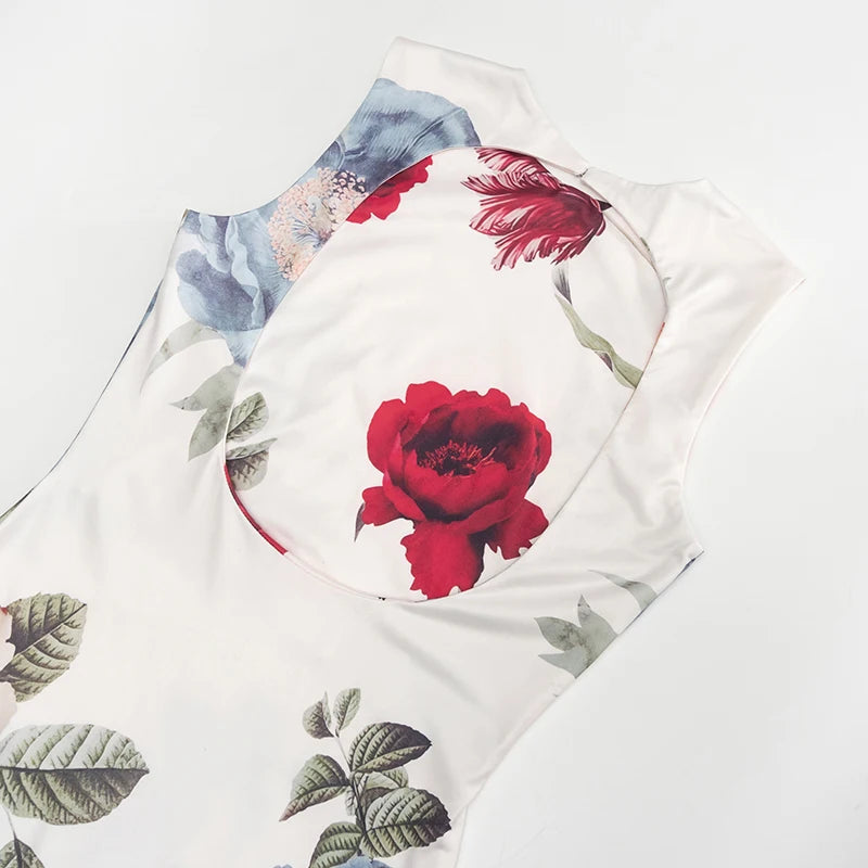 Floral Garden Maxi Dress With Round Neck Sleeveless Slim Fit Elegant Style