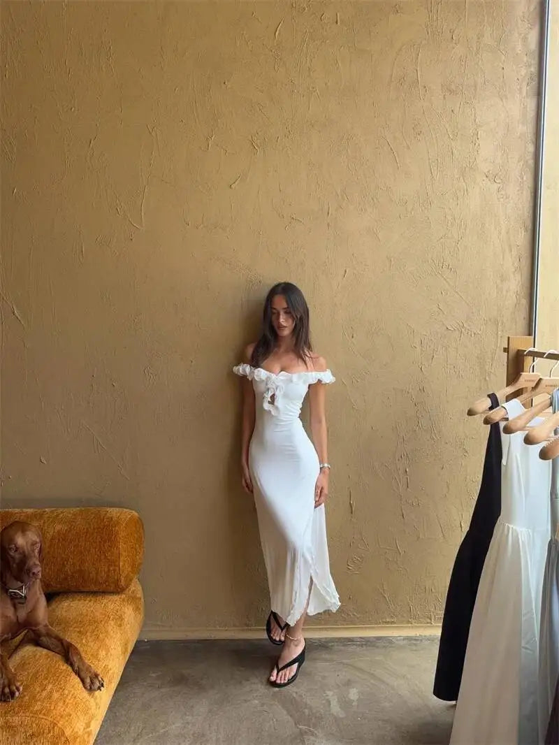 Off Shoulder Ruffle Midi Dress With Front Cutout High Waist Side Split