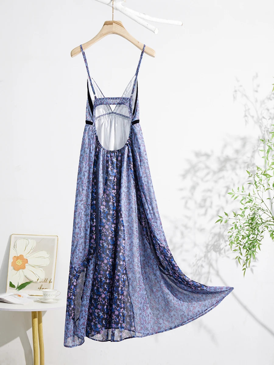 Women's Boho Chiffon Floral Print Long Strap Backless Maxi Dress