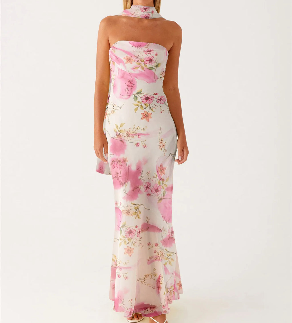 Floral Tube Maxi Dress With Scarf Strapless Backless Mesh Bodycon Sundress