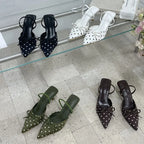 Satin Butterfly Polka Dot Pointed Toe Mules For Women Low Heel Pumps