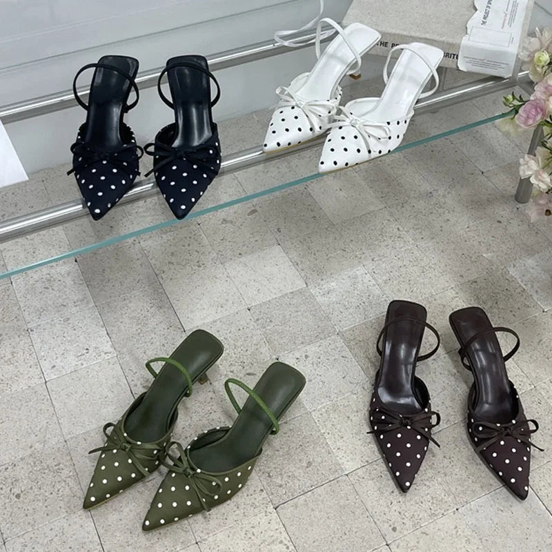 Satin Butterfly Polka Dot Pointed Toe Mules For Women Low Heel Pumps