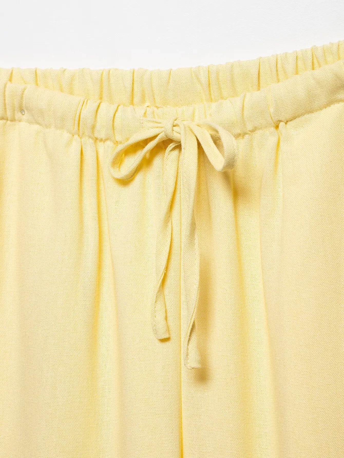 Breezy Linen Kimono Two-piece Set With Lace Up Top And Wide Leg Pants