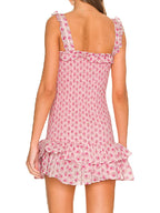 Flower Print Corset Ruched Elastic Body Sling Mini Square Collar Ruffles Hem Dress