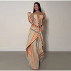 Chic Strips Pants Women Set Patchwork Slash Neck Bandage Top Pleated Asymmetry Trousers