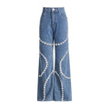 Glimmering Rhinestone Patchwork Denim With Loop Detail For A Chic Straight Leg Silhouette