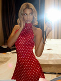 Elegant Off Shoulder Polka Dot Mini Dress Sleeveless Backless High Waist