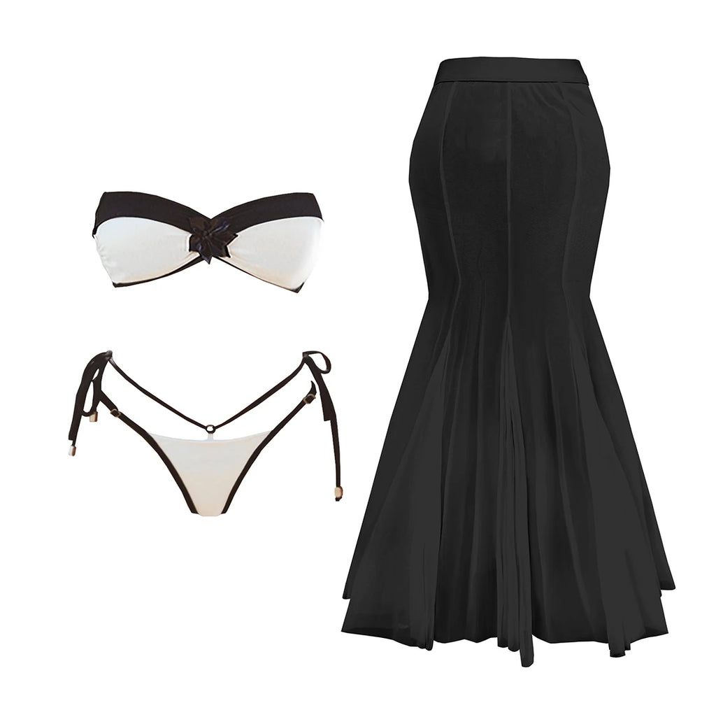 Black Lace Swim Set With Bandeau Halter And Long Skirt