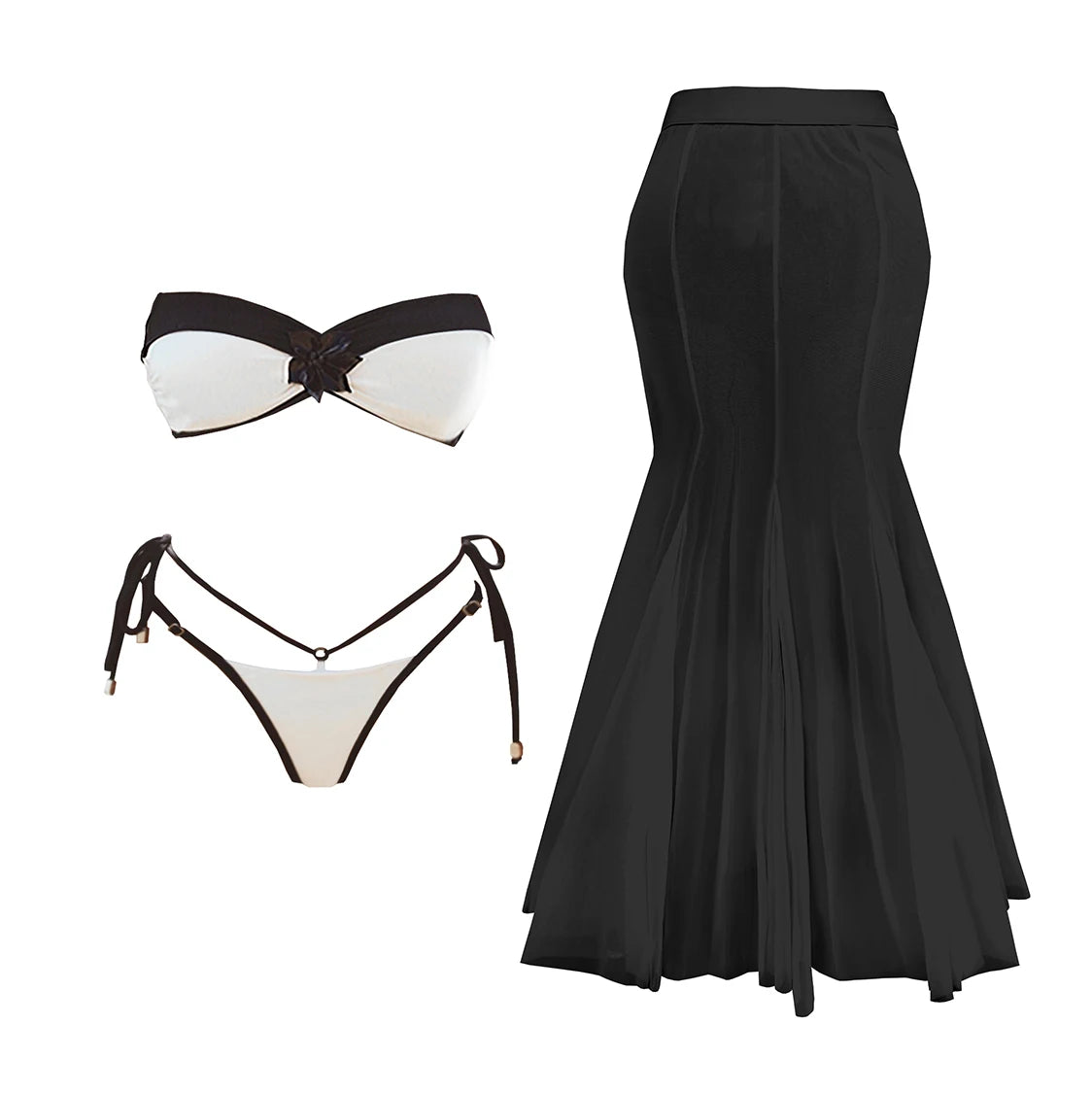 Black Lace Swim Set With Bandeau Halter And Long Skirt