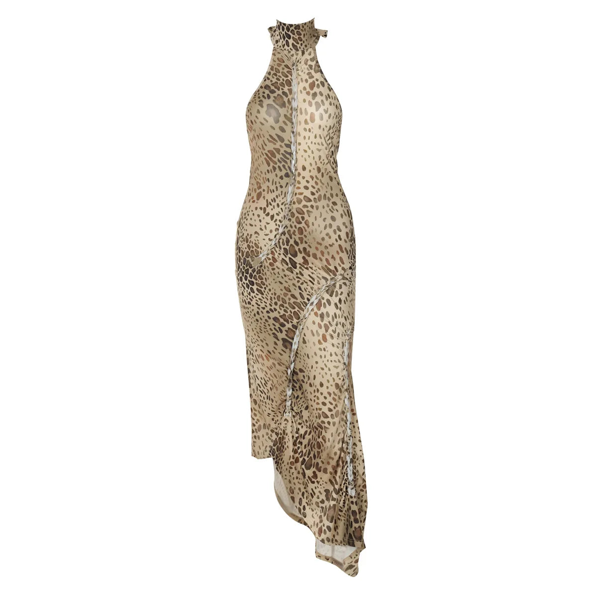 Leopard Print Halter Maxi Dress With Backless Silhouette Embellished Bandage Style