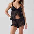Two Piece Sheer Pajamas Set Ruffle Lace Trim Tie-Up Split Front Sleeveless Cami Tops and Shorts