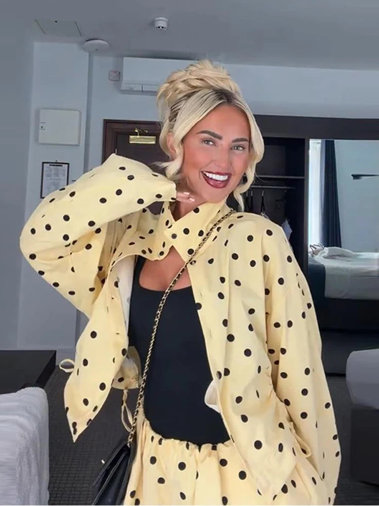Yellow Polka Dot Pleated Set With Balloon Shorts And Cropped Top