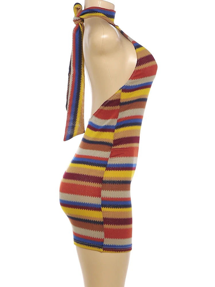 Stripe Patchwork Bodycon Mini Dress Halter Backless Off Shoulder