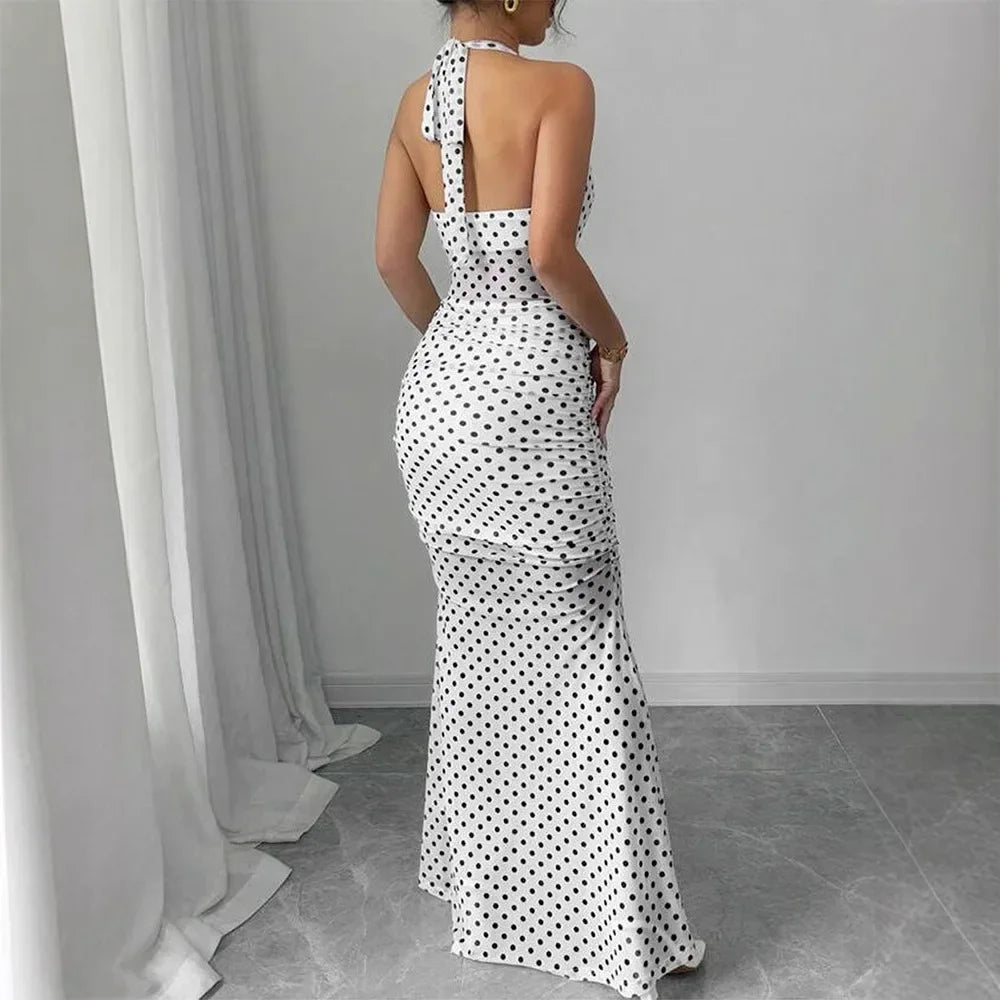 White Polka Dot Chiffon Backless Strapless Dress With Empire Waist
