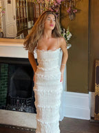 Elegant Formal Beige Slim Maxi Spaghetti Strap Wed Bride Dress