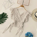 Polka Dot Chiffon Lace Up V Neck Blouse With Flowy Sleeves