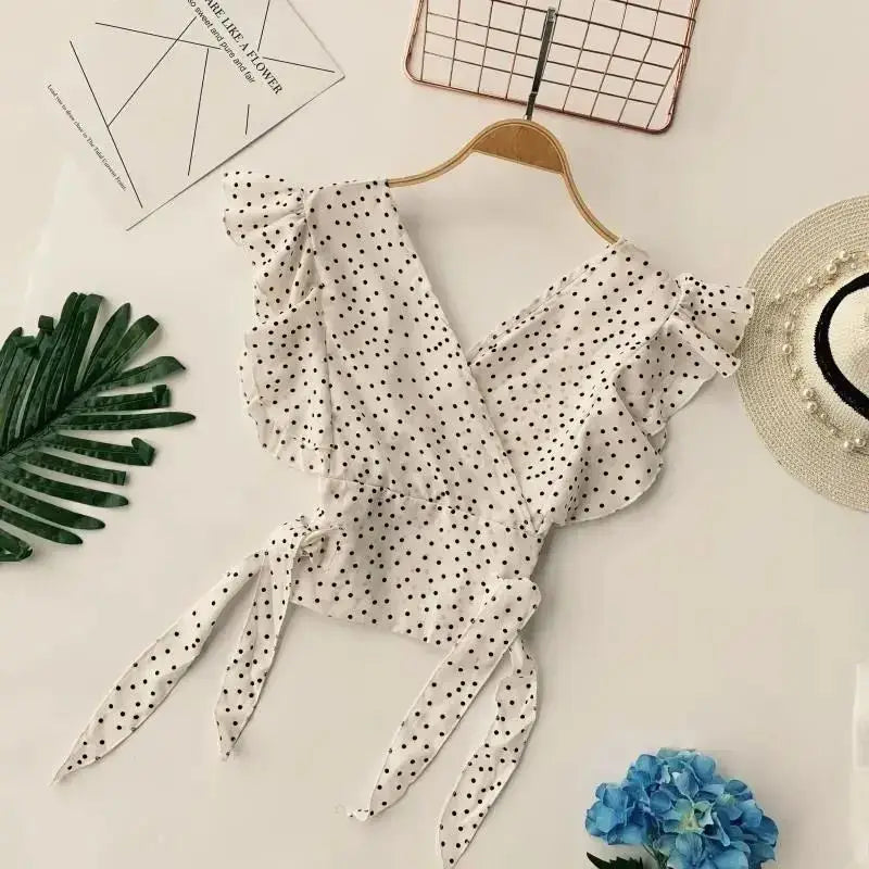 Polka Dot Chiffon Lace Up V Neck Blouse With Flowy Sleeves