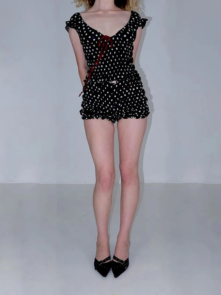 Ruffled Dots Bow Top Smocked Shorts Set